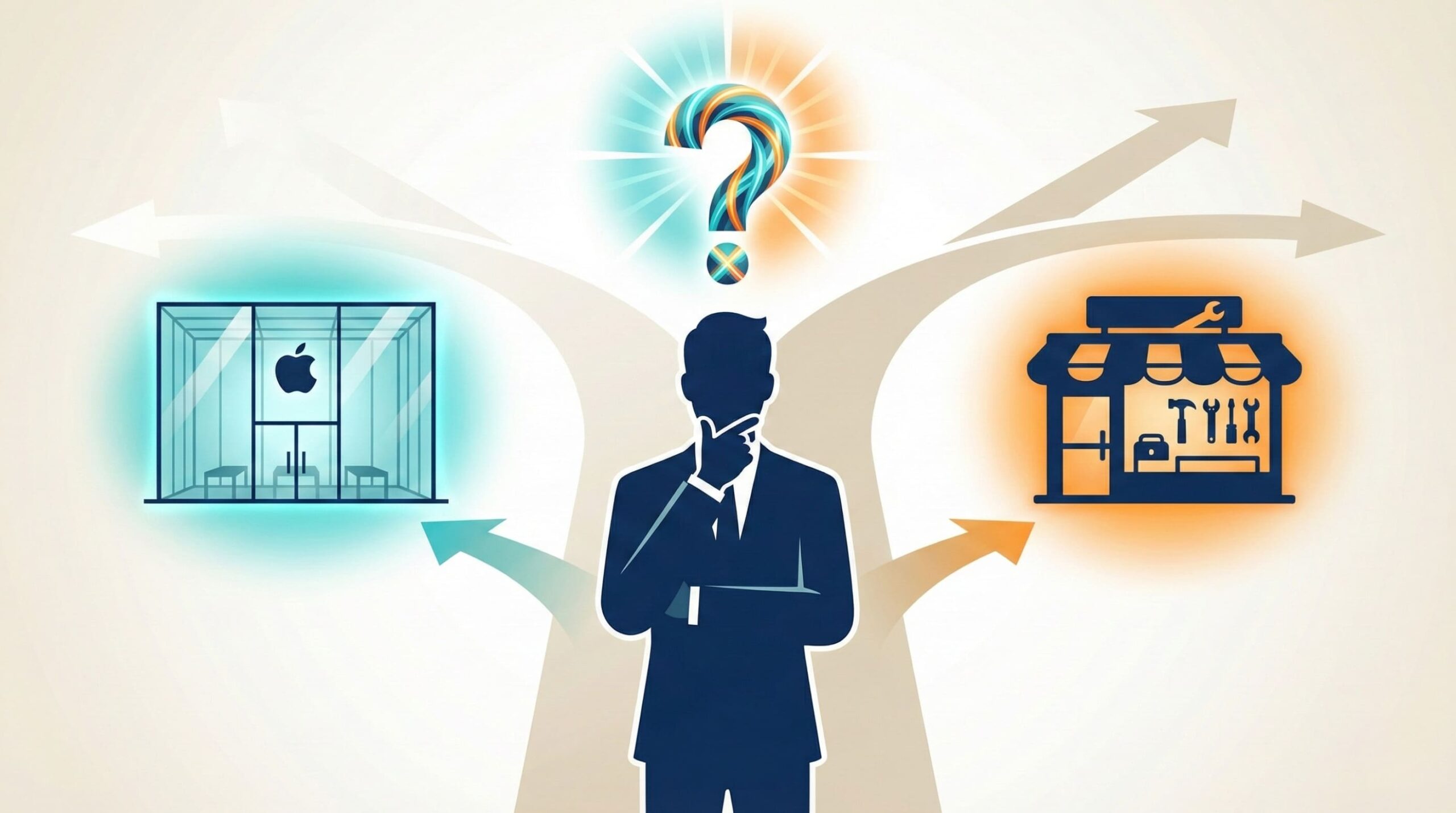 iPhone背面ガラス修理を正規店と非正規店のどちらに出すか迷うイメージイラスト