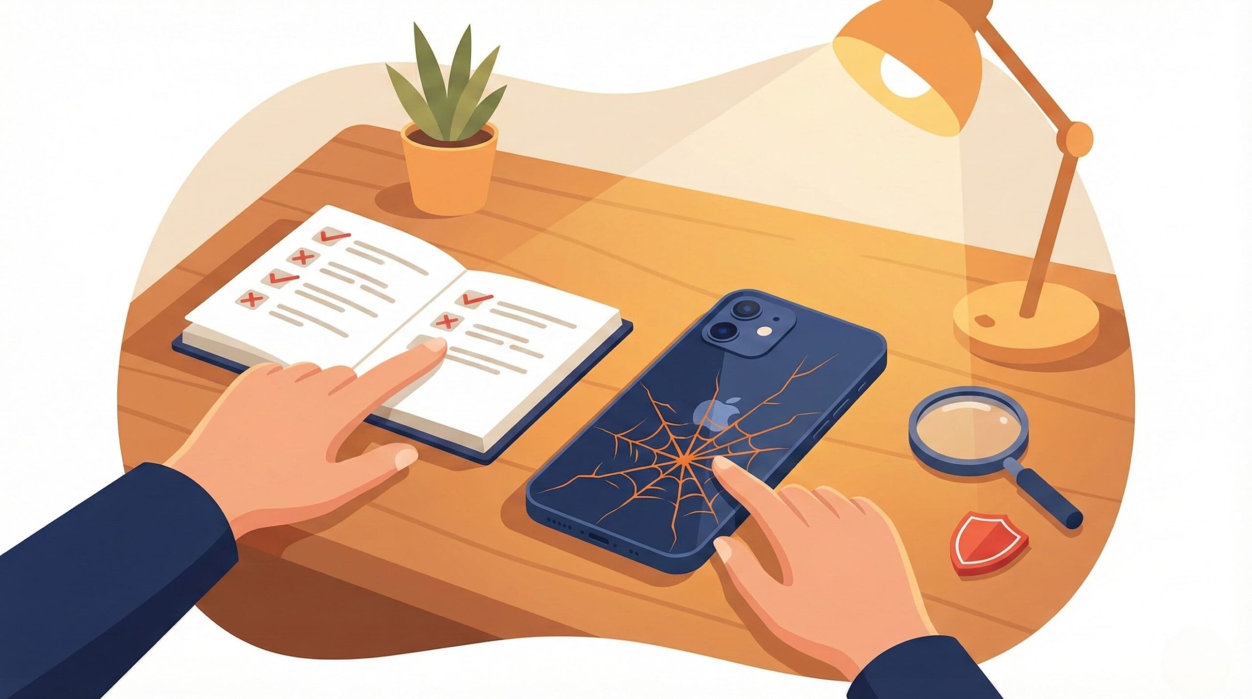 非正規店でiPhone背面ガラスを修理する前に注意点を確認するイメージイラスト