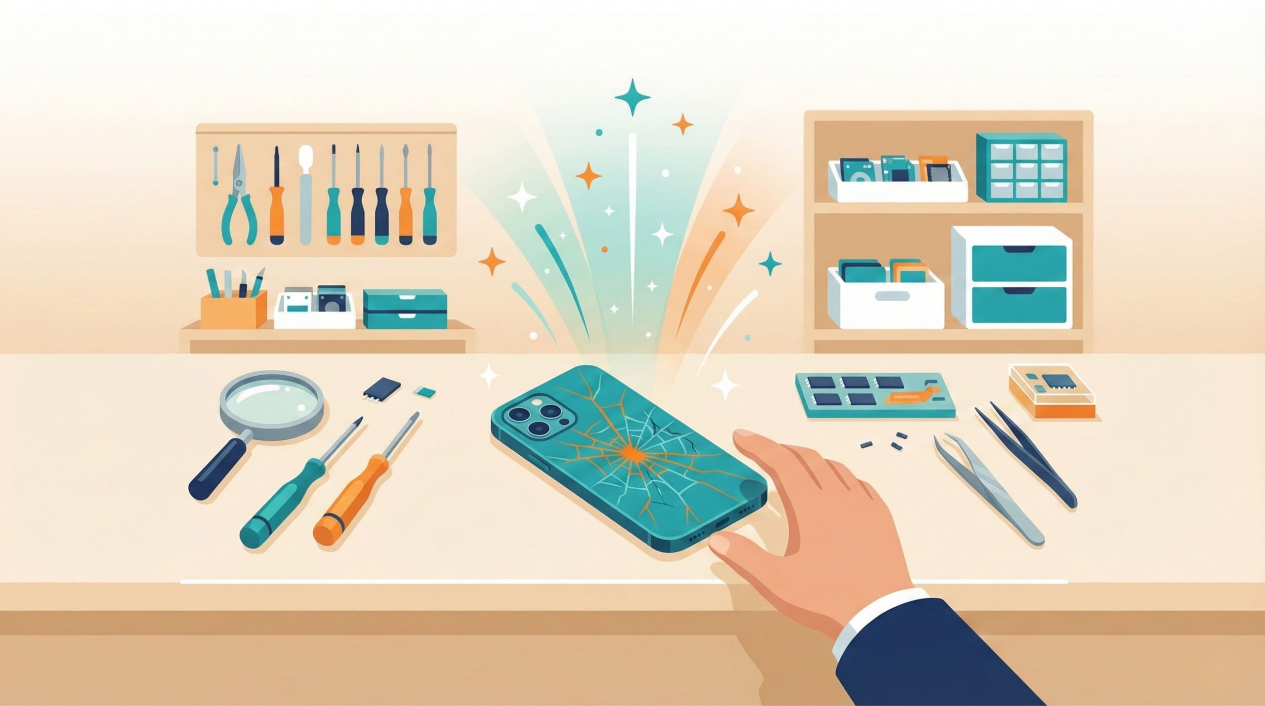 背面ガラスが割れたiPhoneを非正規修理店のカウンターに持ち込むイメージイラスト