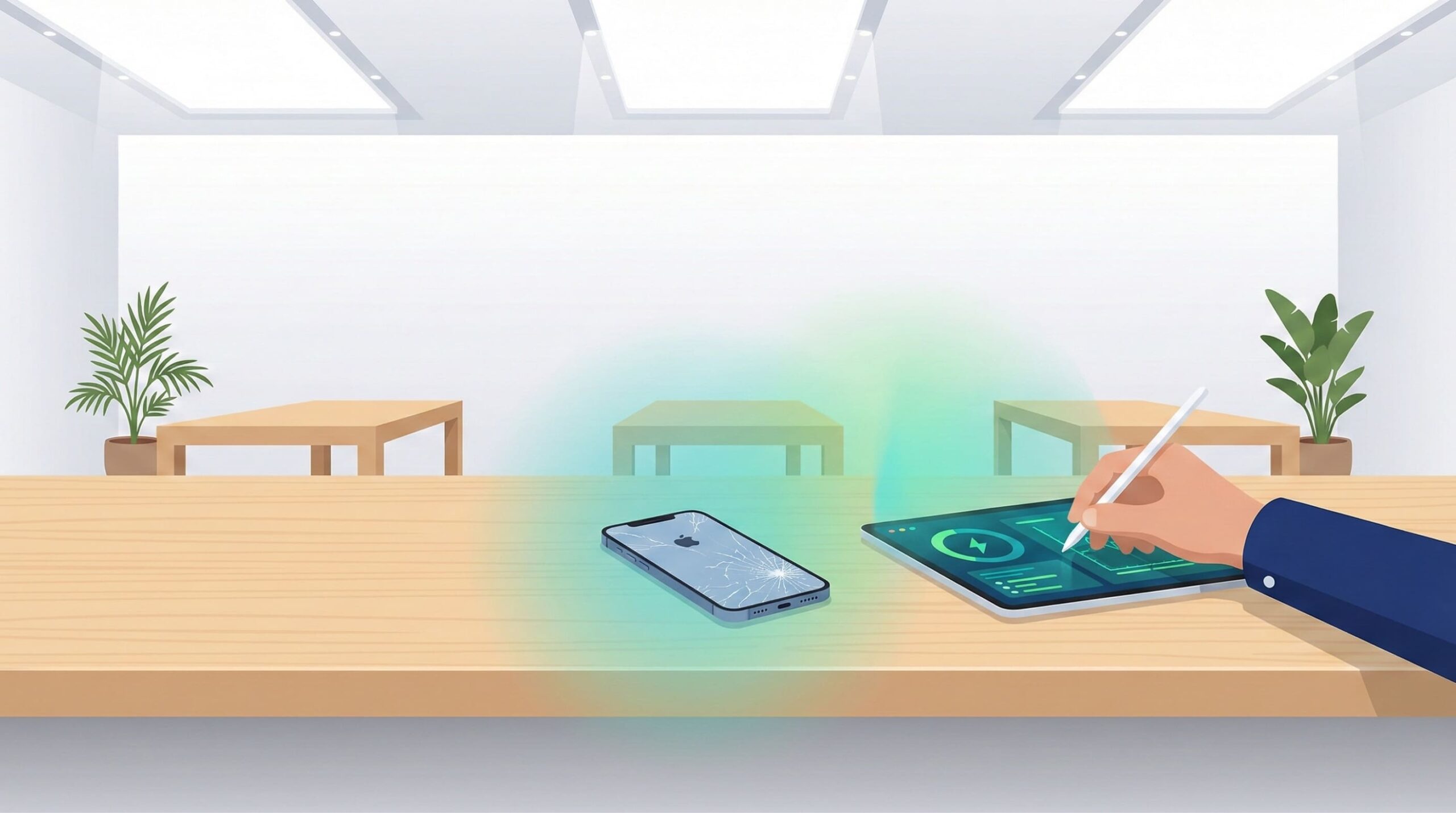 Apple Storeのジーニアスバーで背面ガラスが割れたiPhoneを修理に出すイメージイラスト