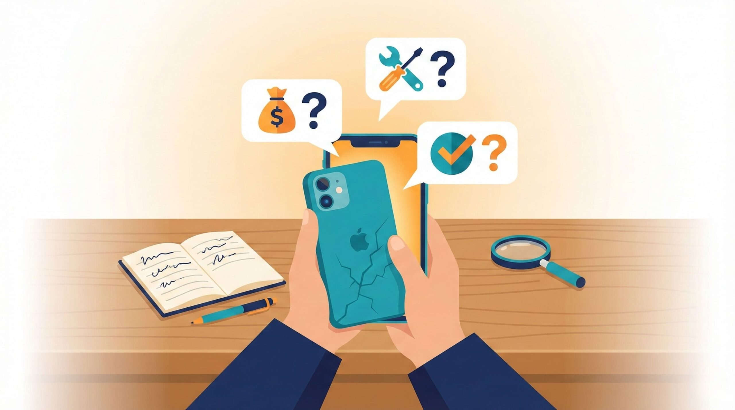 iPhone背面割れの疑問を調べているイメージイラスト