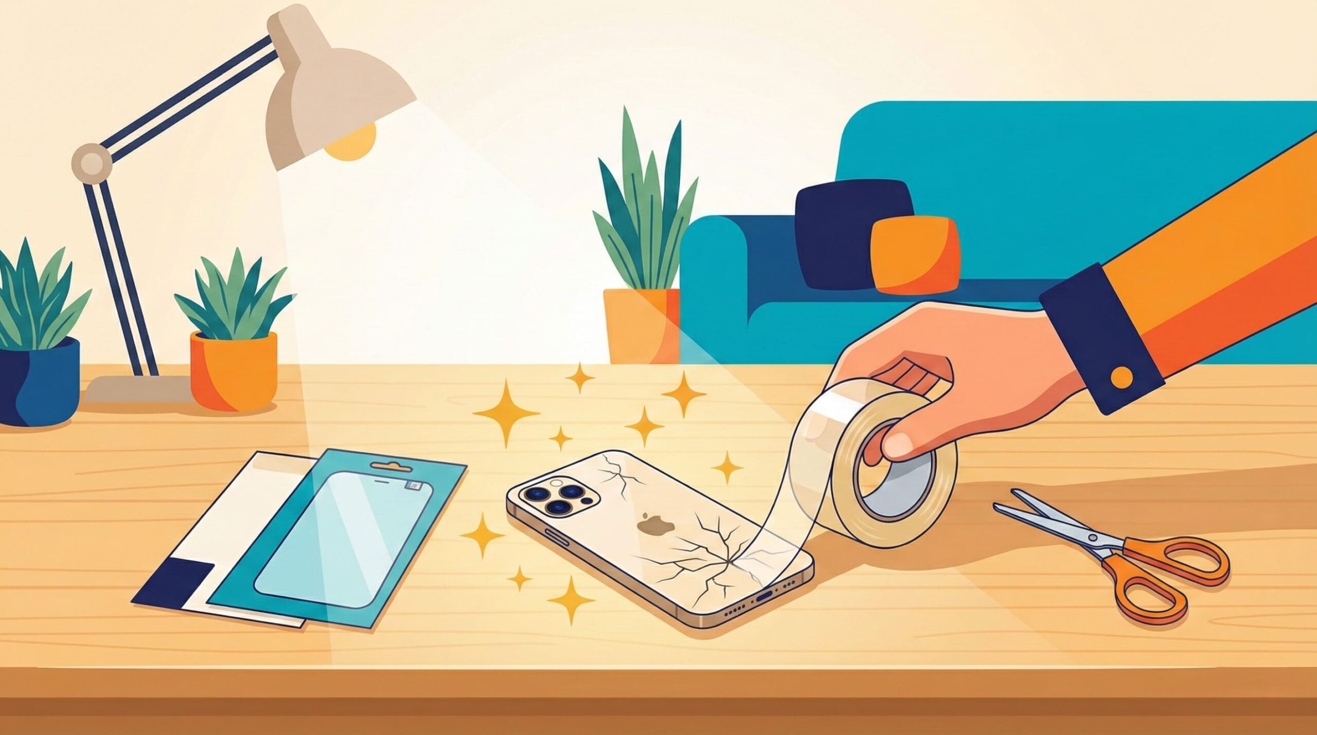 iPhone背面割れの応急処置に使うテープやフィルムの準備イラスト