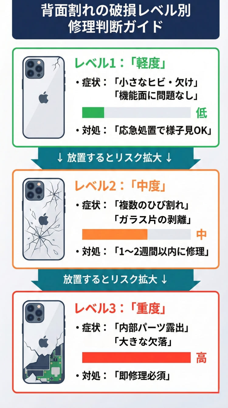 iPhone背面割れの破損レベル別リスクマトリクス図スマホ版(軽度・中度・重度)