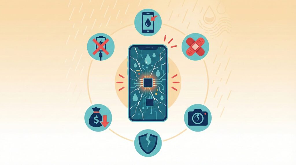 iPhone背面割れを放置した場合の水分侵入リスクのイラスト