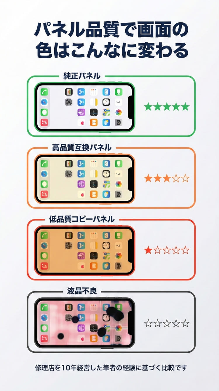非正規修理後のiPhone画面パネル品質による色味変化の比較（スマホ用）
