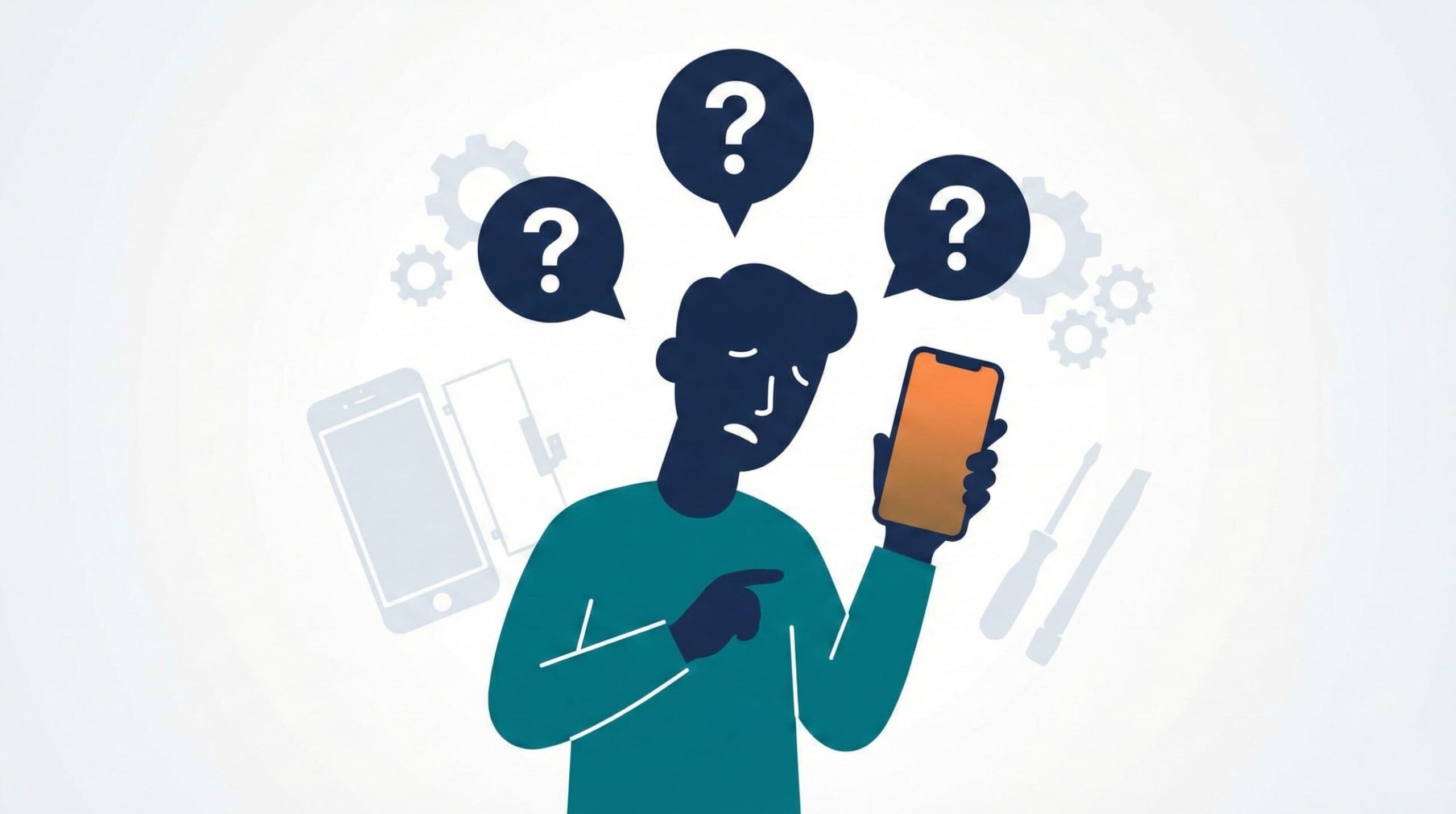 iPhone画面の色がおかしくなる原因を考えている人のイラスト