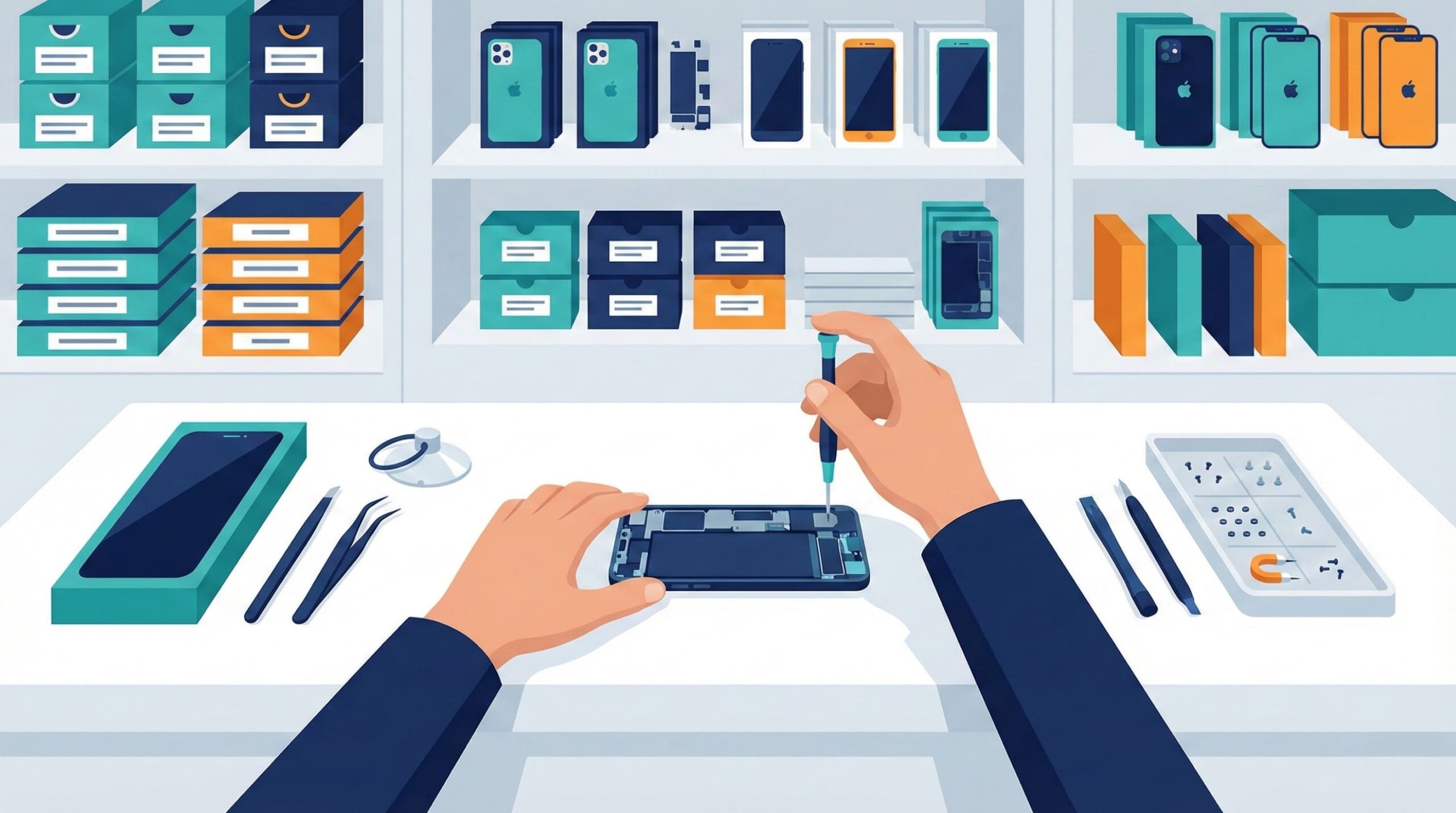 清潔感のある修理店でiPhoneを修理しているイラスト