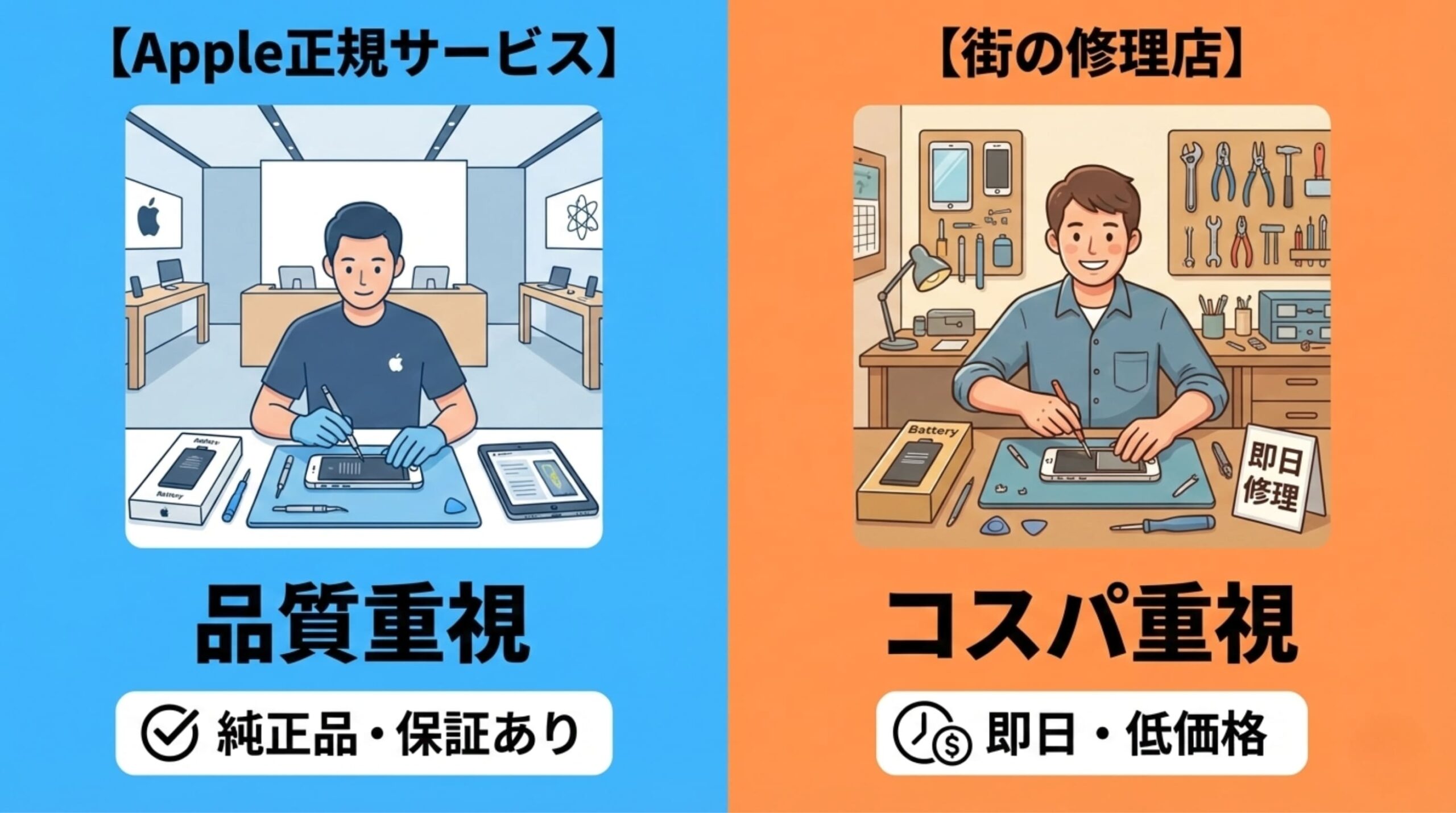 Apple正規サービスと街の修理店のバッテリー交換を比較したイメージ