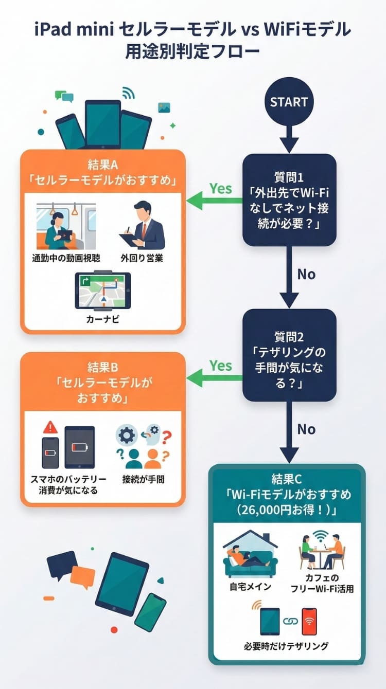 iPad miniセルラーvsWi-Fi用途別判定フロー