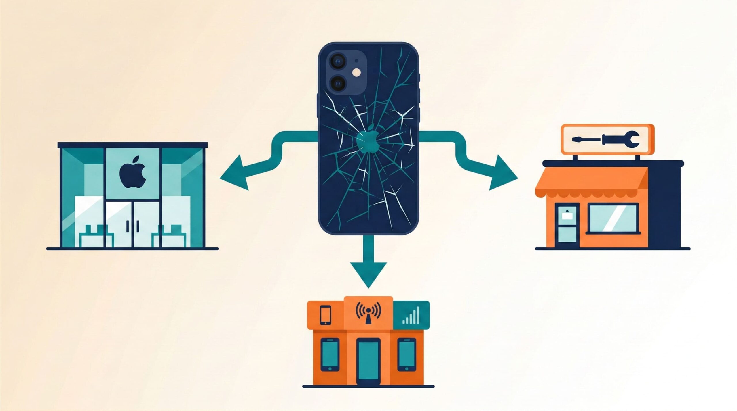 iPhone背面ガラス修理先の正規店・非正規店・キャリア補償を比較するイメージイラスト