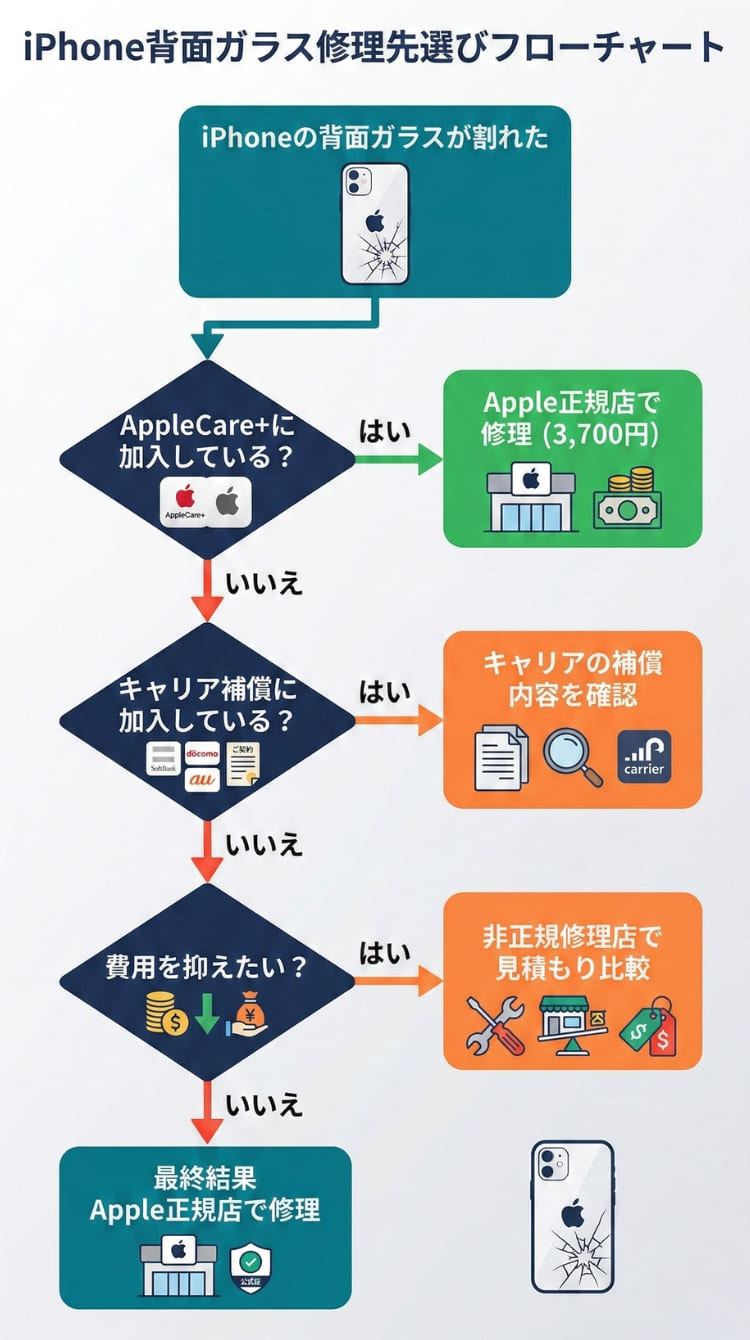 iPhone背面ガラス修理先の選び方フローチャート（スマホ用）