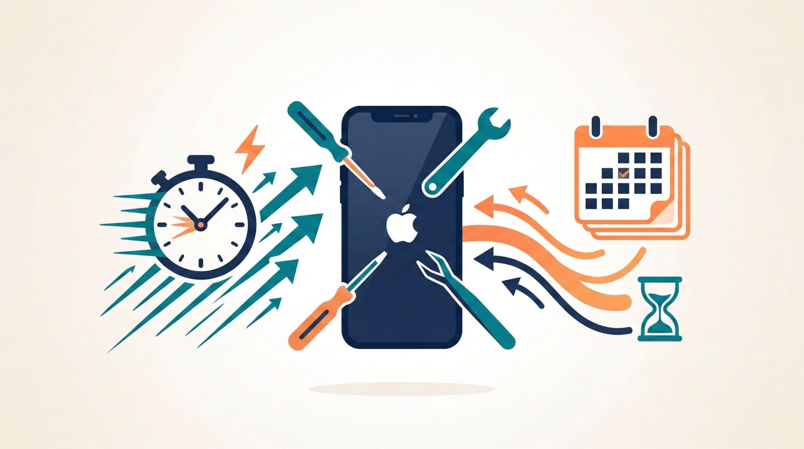 iPhone背面ガラス修理にかかる時間と即日修理の可否を示すイメージイラスト