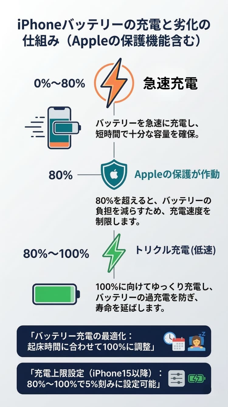 iPhoneバッテリーの充電の仕組みとAppleの保護機能図解
