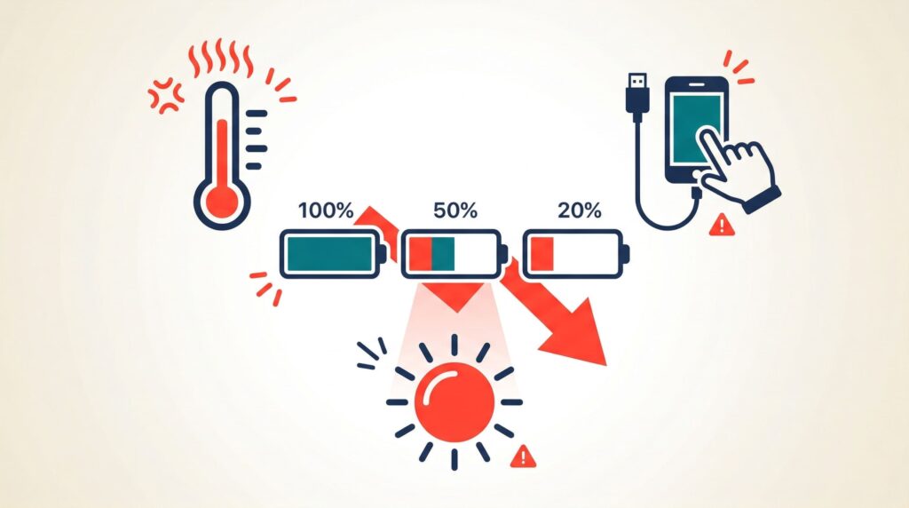 iPhoneバッテリー劣化を加速させる原因のイメージイラスト