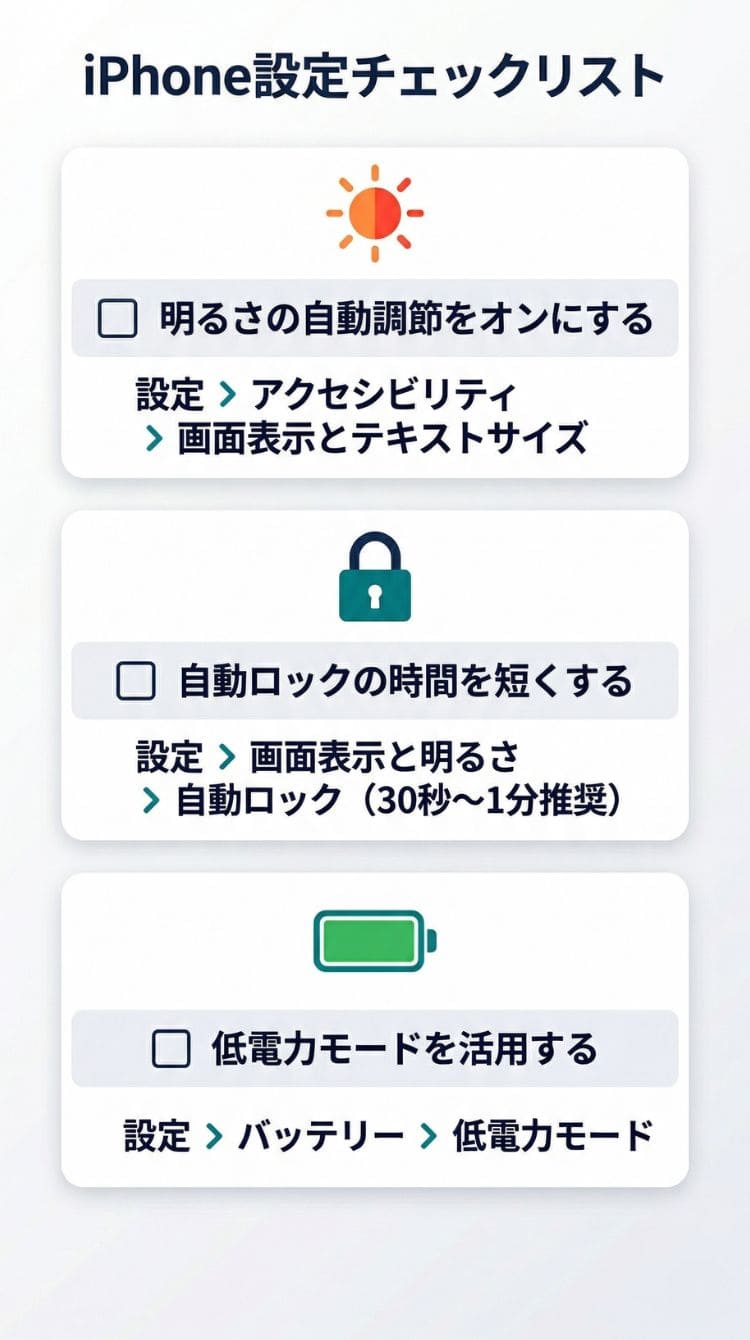 iPhoneバッテリー節約のためのiPhone設定チェックリスト（スマホ用）
