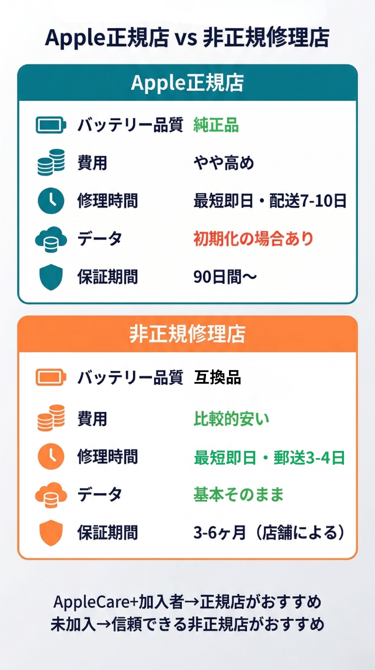 Apple正規店と非正規修理店のバッテリー交換比較表（スマホ用）
