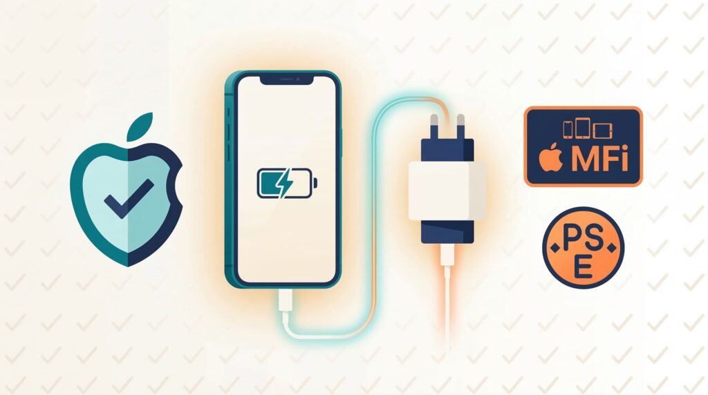 iPhone純正充電器とMFi認証製品の安全性を示すイメージイラスト