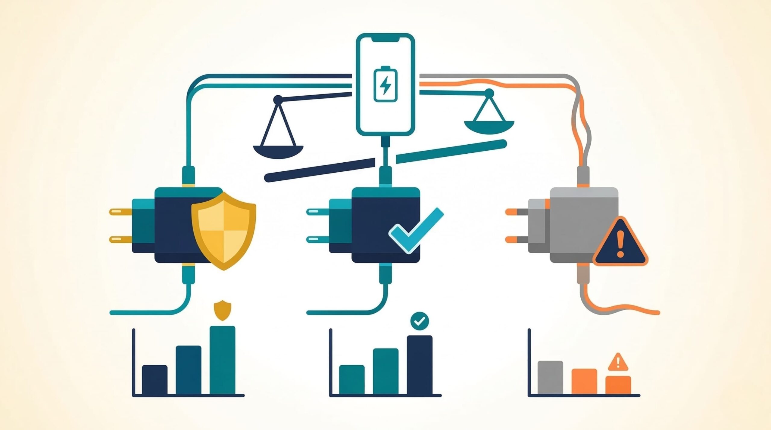 iPhone純正充電器と認証充電器と非認証充電器の比較イメージイラスト