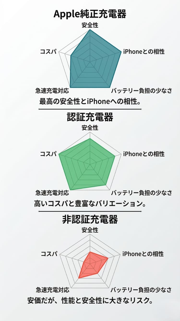 iPhone充電器タイプ別5軸比較レーダーチャート(スマホ用)