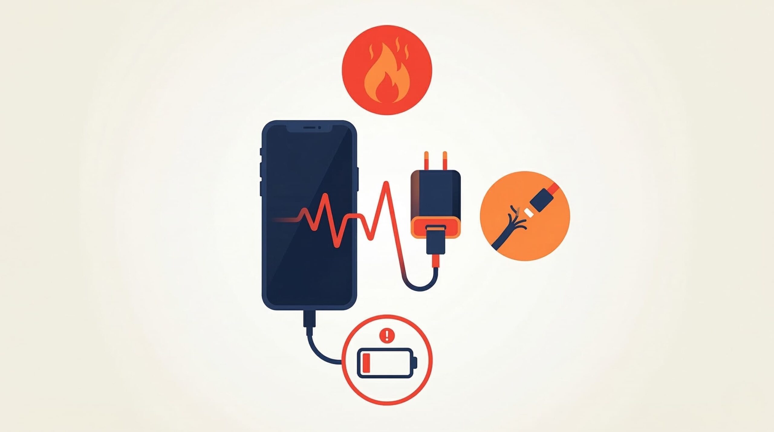 非認証iPhone充電器のリスクとデメリットを示すイメージイラスト