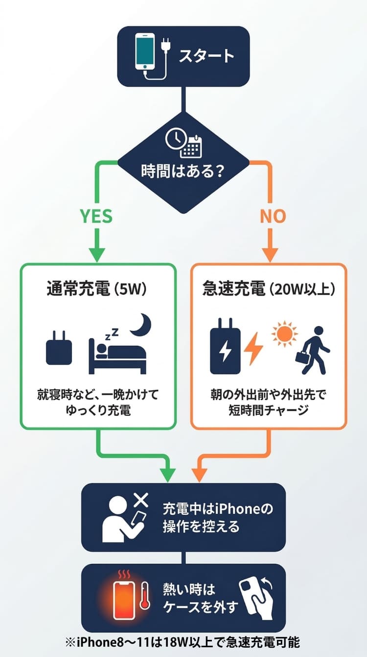 iPhoneの急速充電と通常充電をシーン別に使い分けるフローチャート