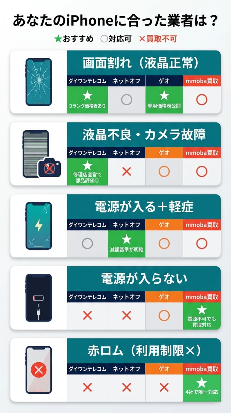 壊れたiPhoneの症状別おすすめ買取業者マトリクス表（スマホ用）