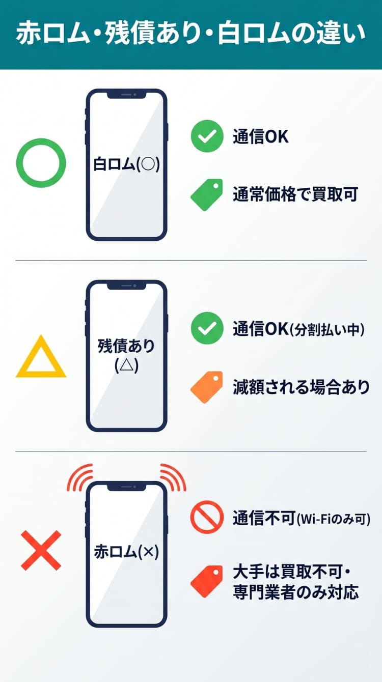 赤ロム・残債あり・白ロムの違いを比較するインフォグラフィック(スマホ用)