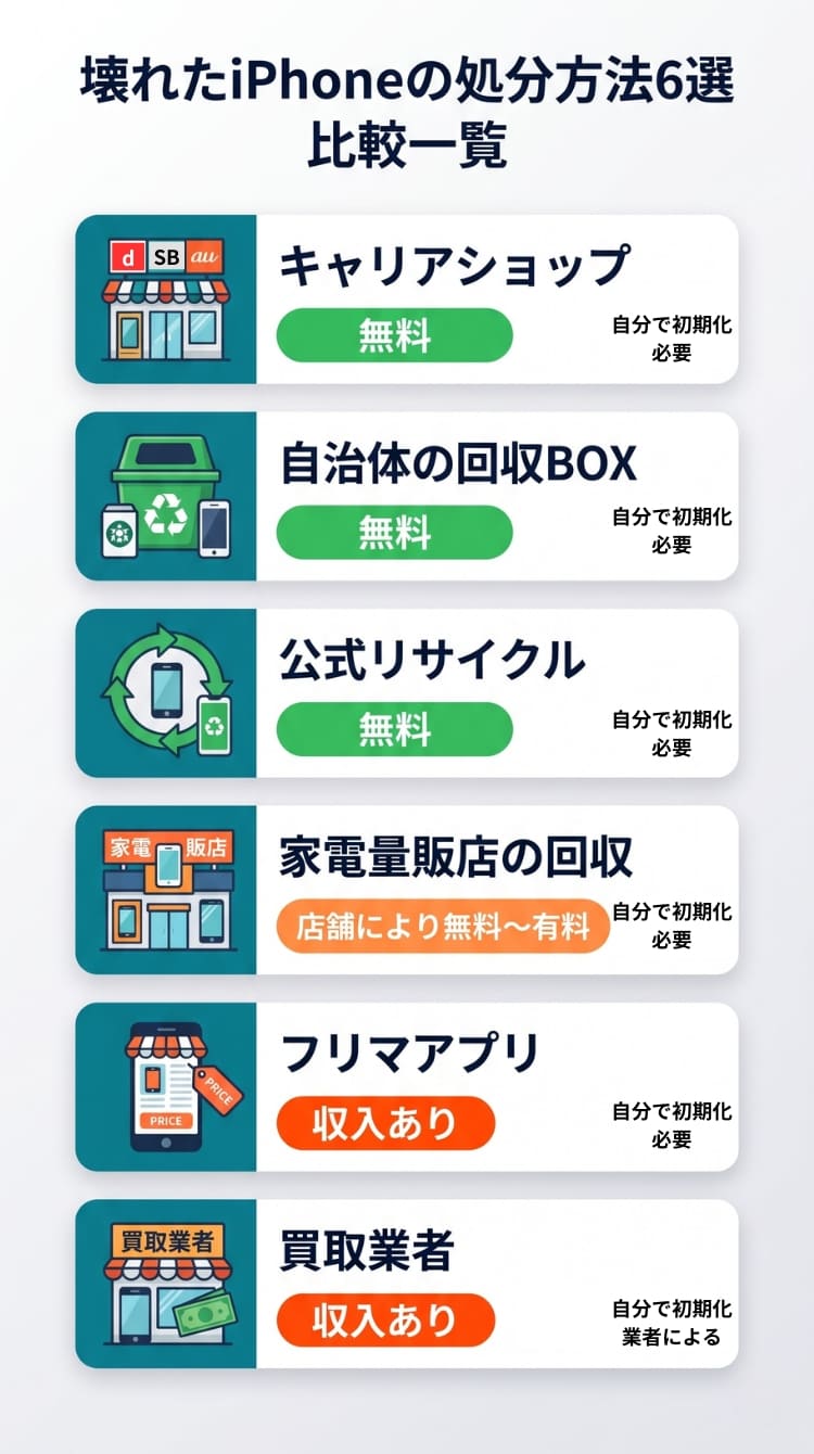 壊れたiPhoneの処分方法6つを費用と初期化要否で比較する一覧表(スマホ向け)