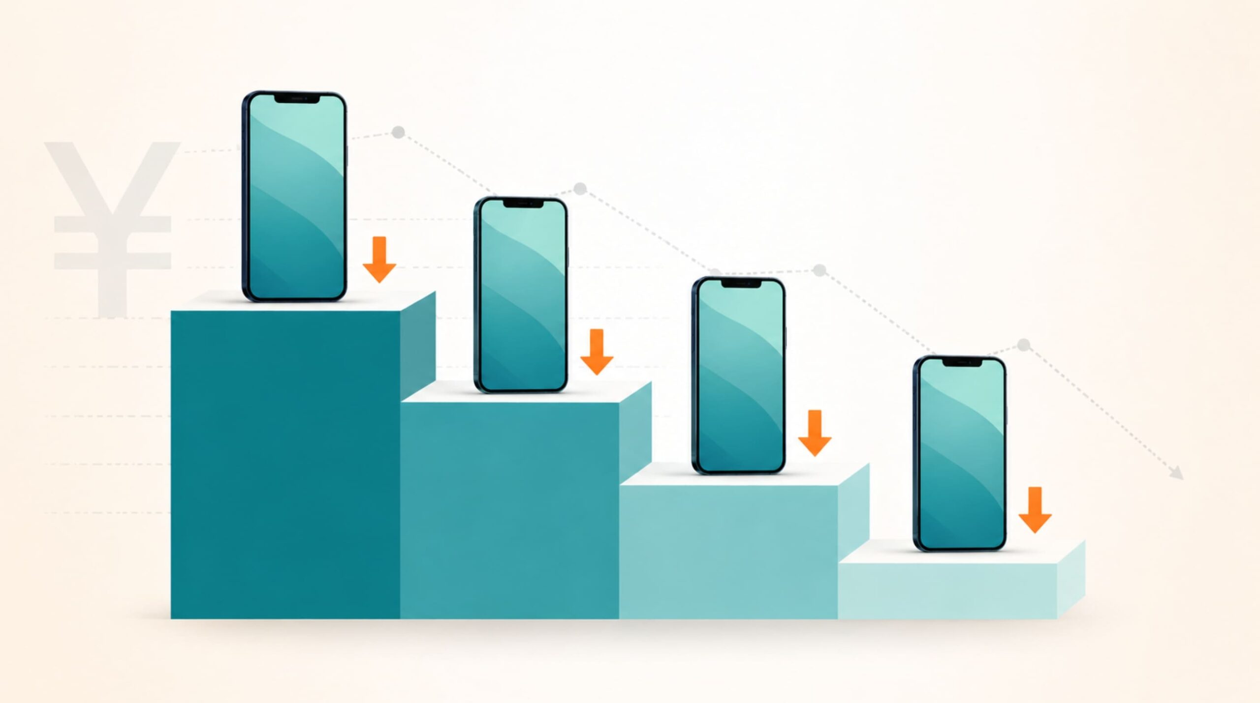 iPhoneの買取価格が時間とともに段階的に下落するパターンを示すイメージイラスト
