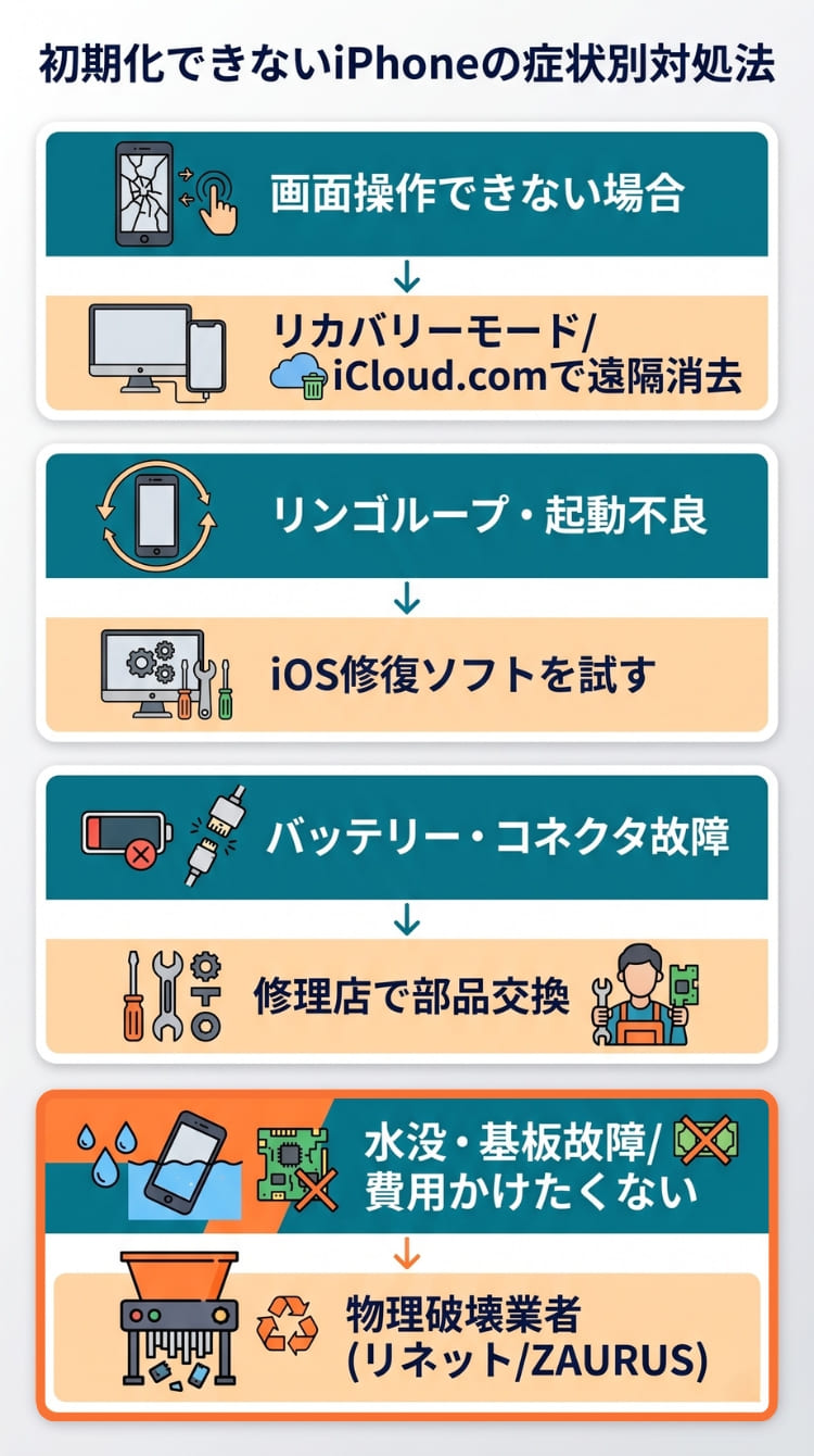 初期化できないiPhoneの症状別対処法の対応表(スマホ向け)