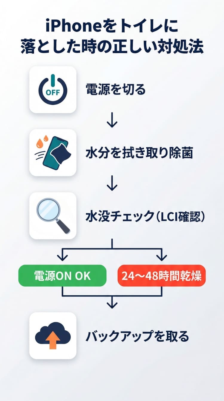 iPhoneをトイレに落とした時の正しい対処法4ステップのフローチャート（スマホ用）