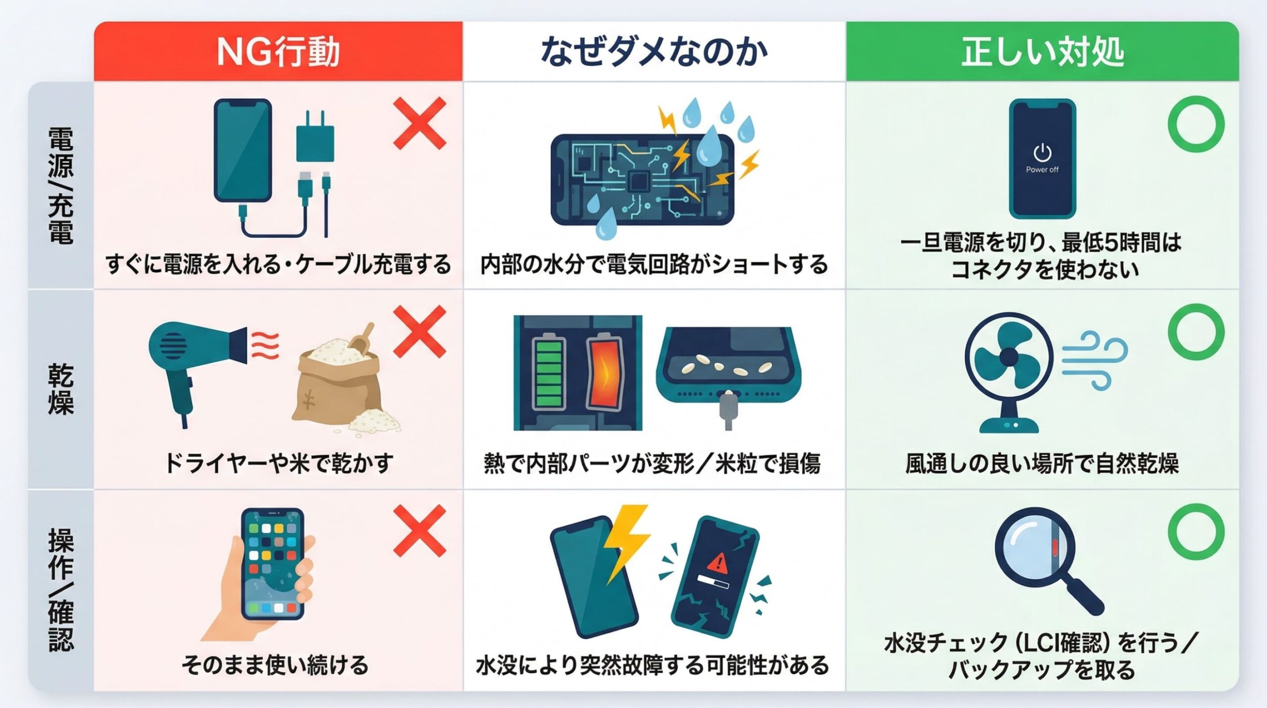 iPhoneをトイレに落とした時のNG行動と正しい対処の対比表