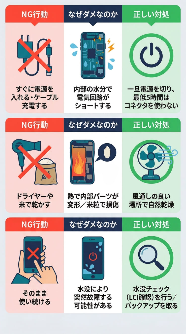 iPhoneをトイレに落とした時のNG行動と正しい対処の対比表（スマホ用）