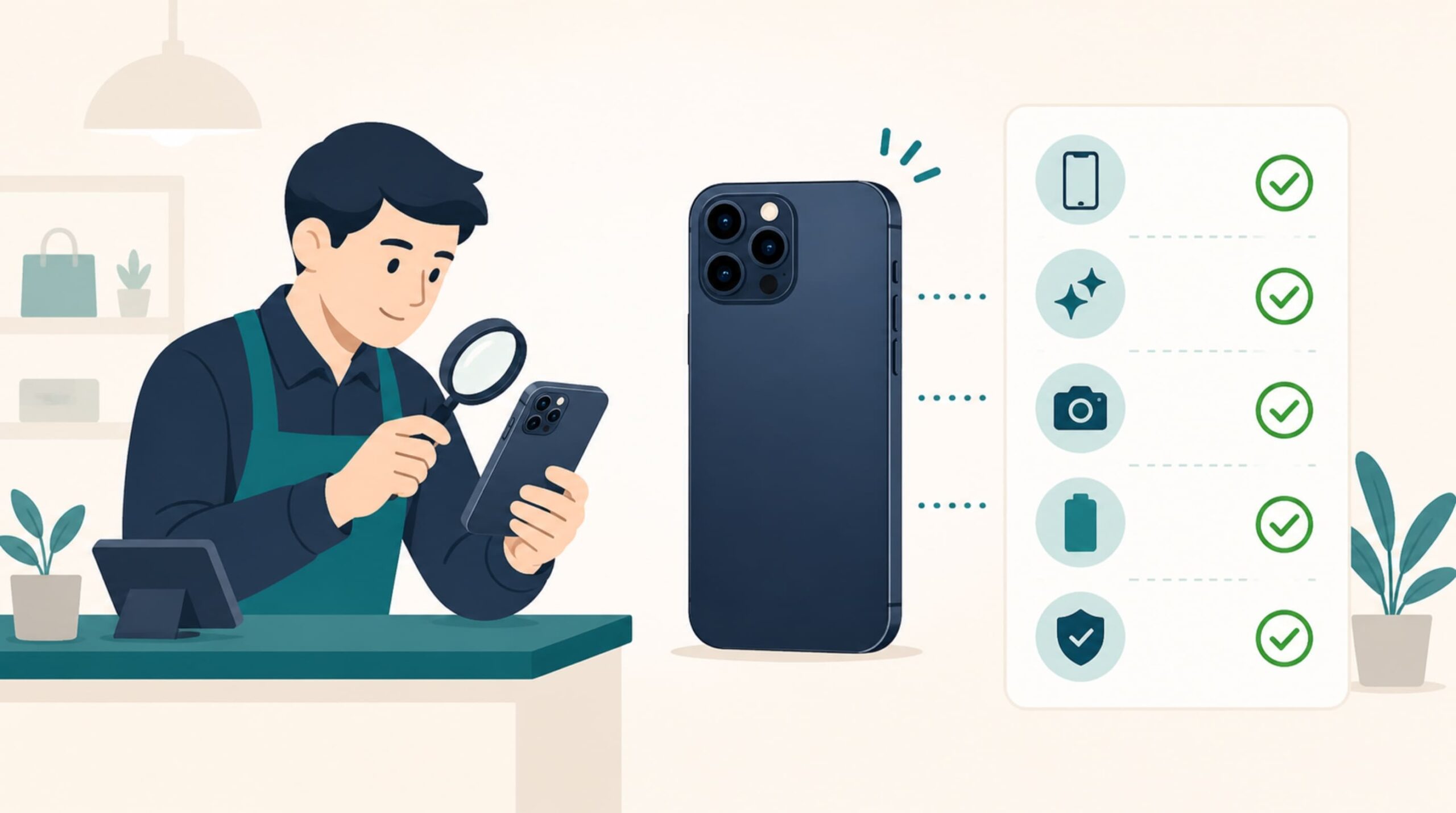 業者の判別基準が分かれる箱なしiPhone買取の境界線を示すイメージ