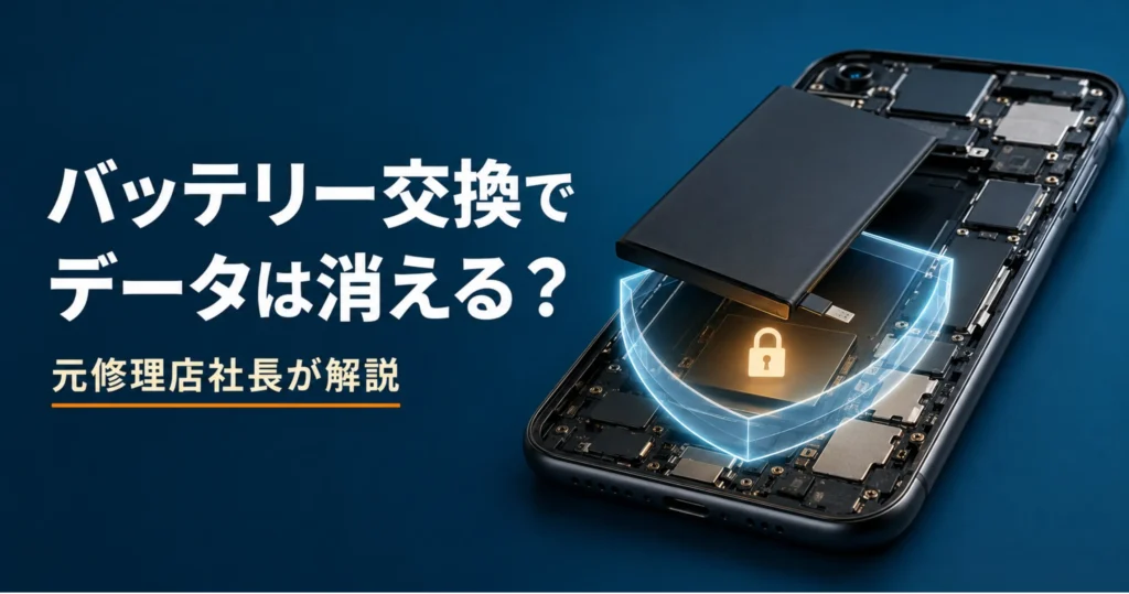 iPhoneバッテリー交換でデータは消えるのかを表すアイキャッチ画像