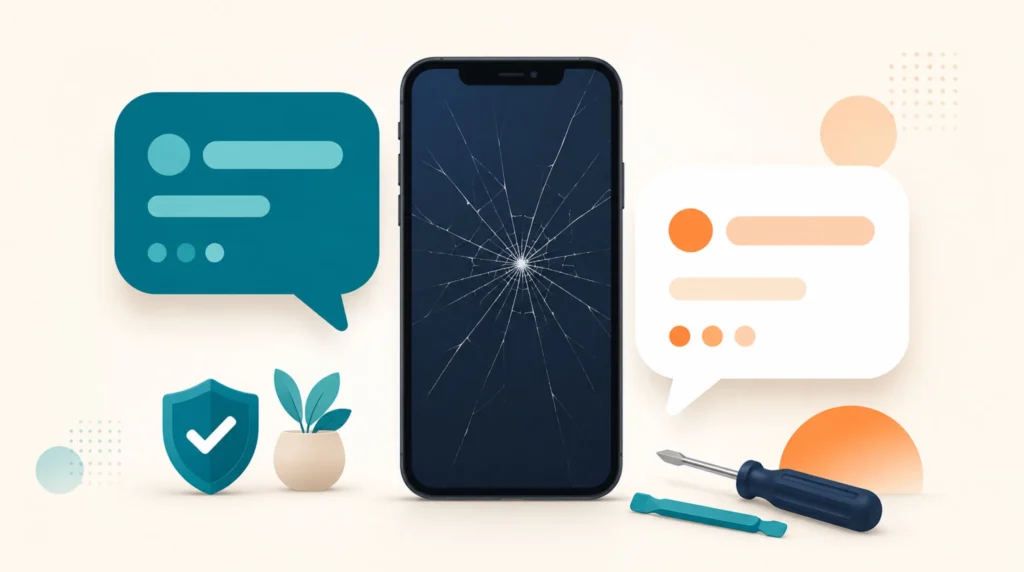 iPhone画面割れ修理に関するよくある質問（FAQ）を表すイラスト