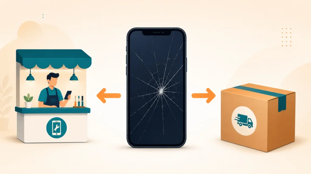 iPhoneを安く修理する方法（店頭持ち込み・郵送）を表すイラスト